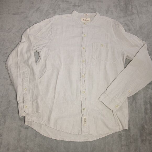 Hollister Mens L Beige Linen Button Up Shirt Summer Casual Long Sleeve Preppy - Picture 3 of 7